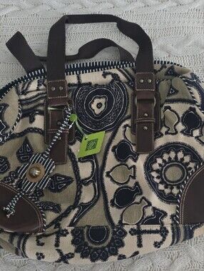 NWT Oilily Navy and Cream Patterned Canvas Tote with Brown Lether Trim